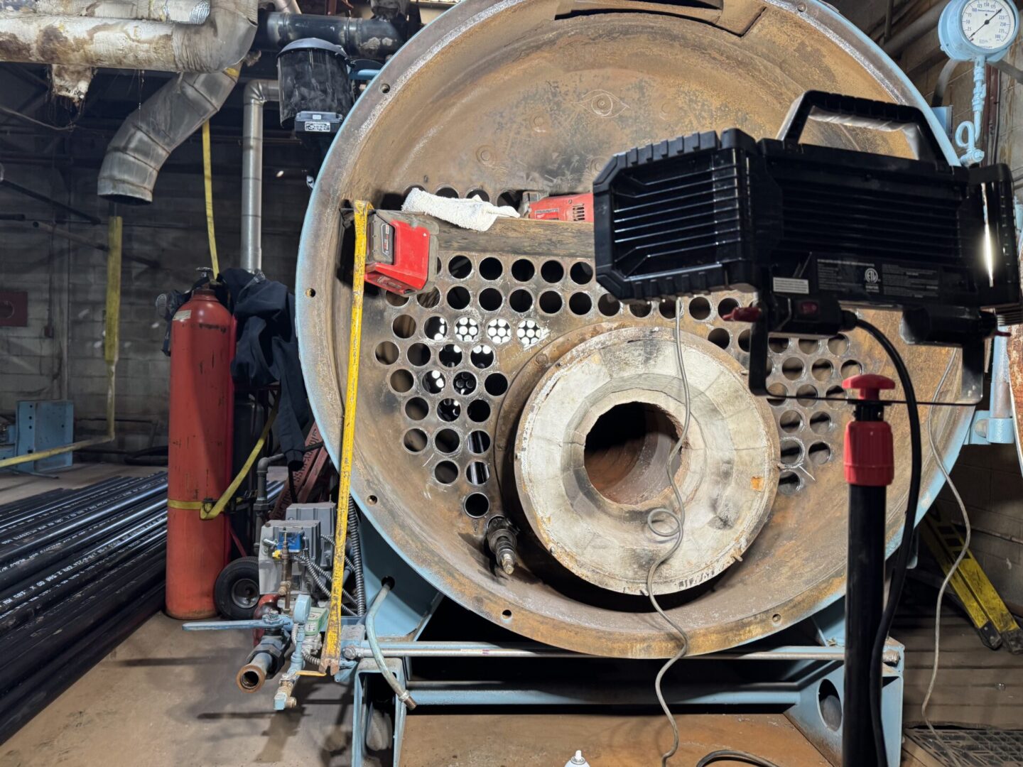 Commercial fire tube boiler retube in progress by Rocket Shop LLC